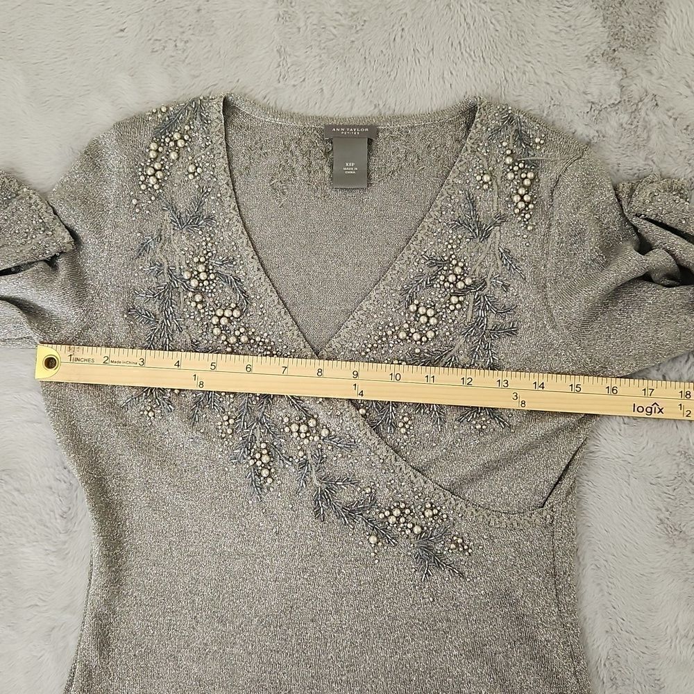 *Ann Taylor Petites Silver Beaded Wrap Sweater Top XSP Metallic Holiday - Picture 10 of 12